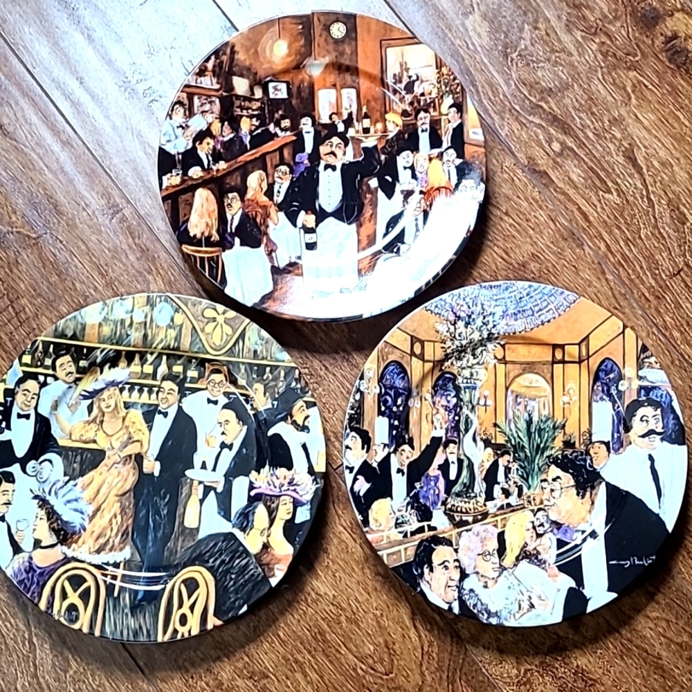 Williams Sonoma Guy Buffet Set of 3 plates Waiters & People in Bar